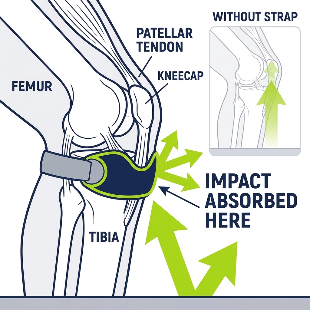 Diagram showing how LungeGuard absorbs impact before the patellar tendon