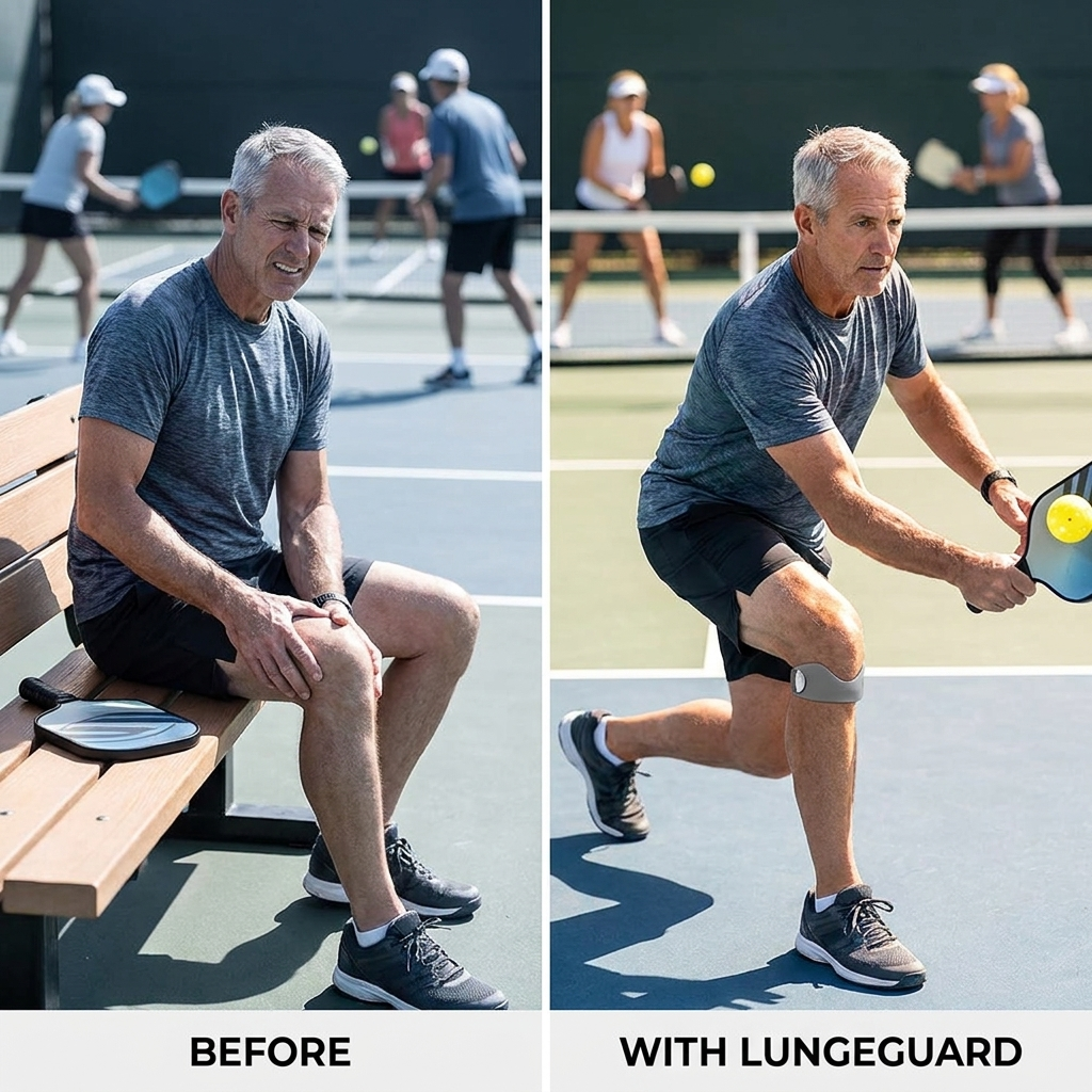 Before and after wearing LungeGuard knee strap